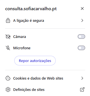 Painel de permissões do site com os controlos da câmara e do microfone